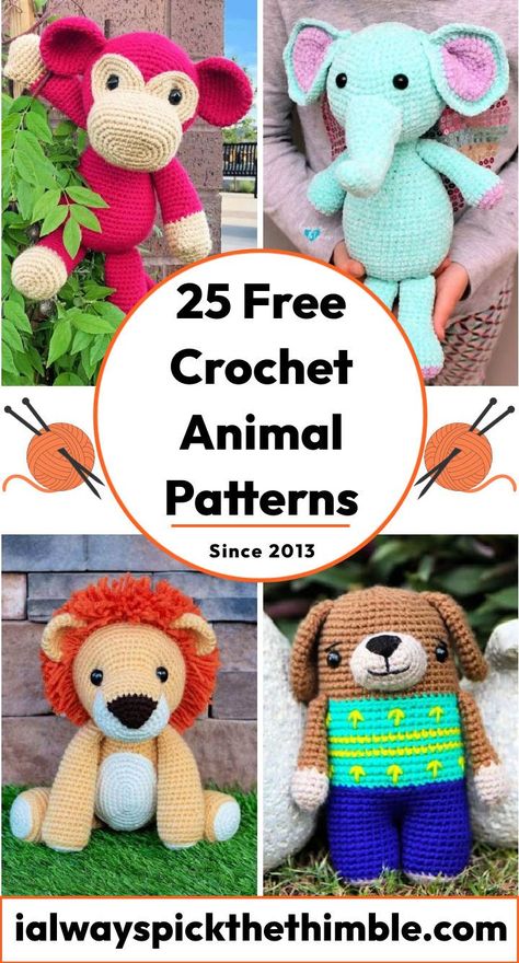 25 Free Crochet Animal Patterns (Animals Amigurumi) Crochet Australian Animals Free Patterns, Crochet Wild Animals, Free Crochet Animal Patterns Easy, Crocheted Animals Free Patterns Easy, Granny Square Crochet Animals, Crochet Free Animal Patterns, Stuffed Elephant Patterns Free Printable, Crochet Safari Animals Free Pattern, Crochet Critters Free Patterns