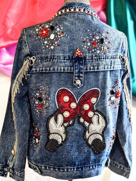 One Of A Kind Embellished Denim Jacket  -Size S -Denim  -Studs -Rhinestones  -3D Embellished -Sweet Lv Denim Jacket, Embellished Denim Jacket Diy, Decorated Jean Jacket, Bedazzled Jean Jacket, Diy Jacket Refashion, Disney Jean Jacket, Disney Denim Jacket, Jacket Upcycle, Rhinestone Denim Jacket