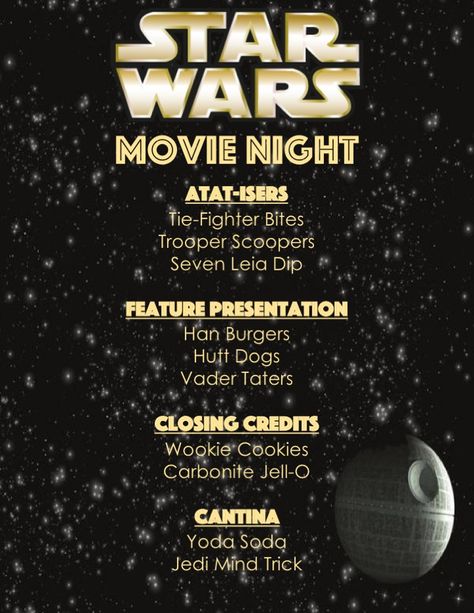 Star Wars Menu  Disney Family Movie Night May the Fourth Be With you Dinner And A Movie Menu Disney Family, Movie Themed Family Dinners, Movie Food Night, Star Wars Menu Ideas, Movie Themed Date Night, Star Wars Themed Food Dinner, Dinner And Movie Theme Date Night, Star Wars Themed Movie Night, Movie Night Disney Theme