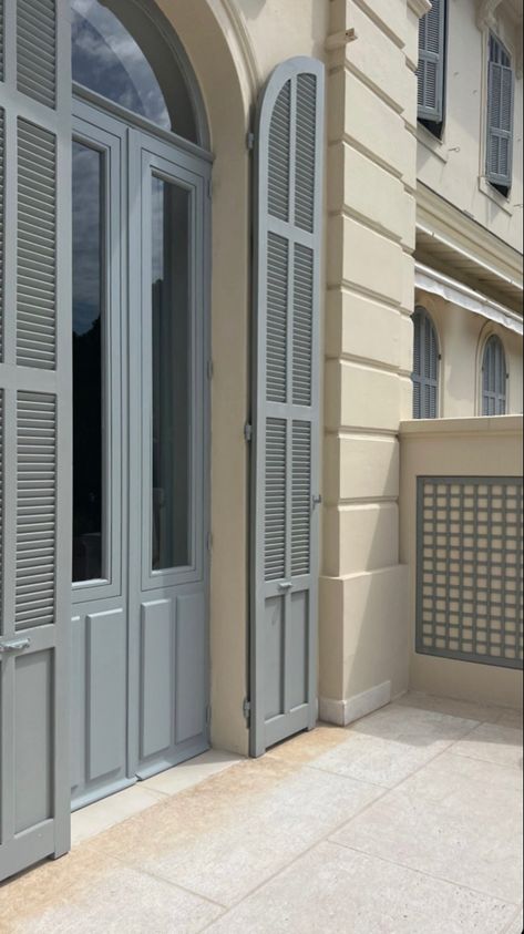 European Windows With Shutters, French Blue Shutters, Italian Windows, French Mediterranean Home, Wooden Outdoor Door, French Shutters, Mediterranean Homes Exterior, Bahama Shutters, Outdoor Shutters