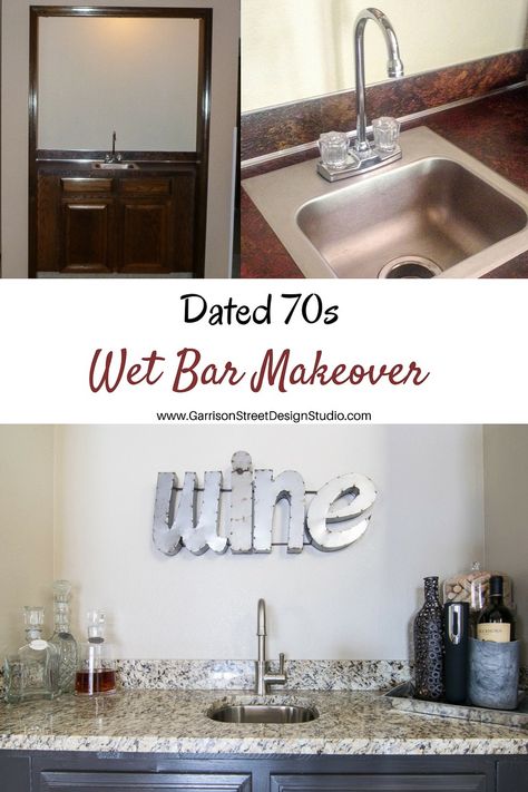 A New Wet Bar | Garrison Street Design Studio Wet Bar Update Ideas, How To Update An 80s Wet Bar, 80s Wet Bar Makeover, Home Bar Makeover, Wet Bar Makeover, Coffe And Wine Bar, Small Wet Bar, 1970s Living Room, Built In Wet Bar