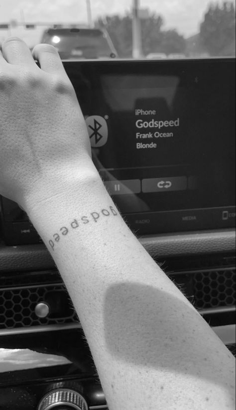 Wrist tattoo #godspeed #tattoo Godspeed Meaning, Tattoo Wrap Around Wrist, God Speed Tattoo, Godspeed Tattoo, Tattoo Spine, Wrap Around Wrist Tattoos, Tattoos Inspo, Spine Tattoos For Women, Hand Tattoos For Women