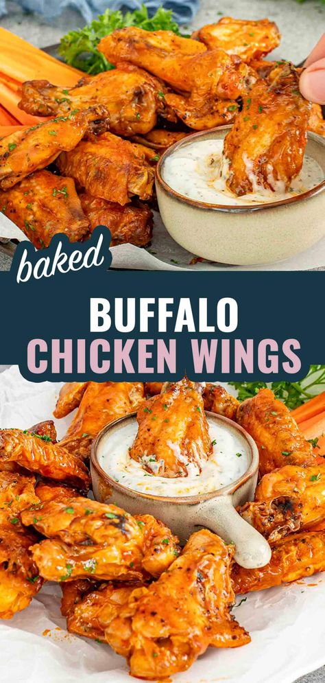 Crispy Baked Buffalo Chicken Wings that are super easy to make! Perfect for game day or any party, no frying required! 🐔🔥 #BuffaloWings #ChickenWings #GameDayEats #EasyRecipes #OvenBakedWings #AppetizerIdeas Tailgate Chicken Wings, Game Day Wings Baked, Oven Baked Chicken Wings Buffalo, Quick Chicken Wing Recipes, Breaded Chicken Wings In The Oven, Buffalo Ranch Wings, Baked Chicken Wings Recipes, Hot Chicken Wings Recipe, Bake Chicken Wings