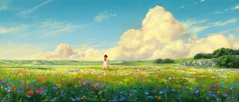 Studio Ghibli Background, Environment Painting, Illustration Art Kids, Computer Wallpaper Desktop Wallpapers, Scenery Background, Flower Landscape, Pallet Painting, Fantasy Places, Digital Painting Tutorials