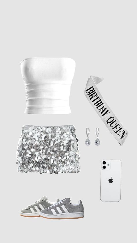 Sparkly Skirt Outfit Parties, Disco Night Theme Party Outfits, Birthday Outfit Fancy, 13 Birthday Disco Party Ideas, Mirror Ball Outfit Ideas, 13th Bday Outfit Ideas, Disco Birthday Outfit, 13th Birthday Outfits, Silver And White Outfit