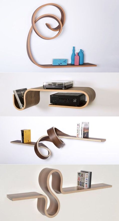 The Canadian cabinetmaker Kino Guerin creates unique shelf designs from bent laminated wood with different wood veneer.   #shelf #modularshelving #shelving Bended Wood Design, Bent Laminated Wood Projects, Unique Shelf Design, Bent Wood Furniture, Curving Wood, Curved Shelves, Walle Tattoo, Shelf Designs, Steam Bending Wood