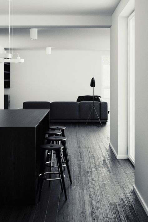 Minimalist Dekor, Black And White Living Room, Black Interior Design, Black Bedroom Furniture, Dark Wood Floors, White Living, Minimalist Interior Design, White Living Room, Black Furniture