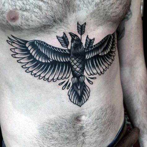 Male Upper Stomach Tattoo Of Bird Flying With Three Arrows In Black Ink Abdomen Tattoo, Bird Tattoo Men, Tattoo Ideas Males, Men Masculine, Black Bird Tattoo, Flying Bird Tattoo, Tattoo Bird, Bauch Tattoos, Belly Tattoos