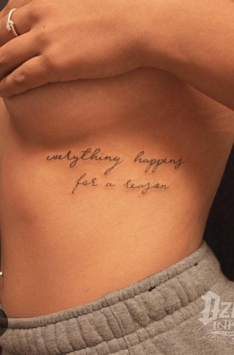 Quotes For Rib Tattoos, Tattoo About Taking Risks, Feminine Tattoos Ribs, Tattoo On Ribs For Women Quotes, Detachment Tattoo Ideas, Ribcage Tattoo Quote, Fine Line Tattoo Side Rib, Hip Script Tattoo, Rib Word Tattoos For Women