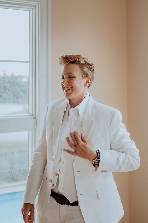 Lesbian Wedding White Suit, Dapper Bride, Lesbian Wedding Suit, Modern Beach Wedding, Dapper Fashion, Oceanside Wedding, White Wedding Suit, Male Wedding, Virginia Beach Wedding