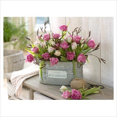 Like the flowers in the tin bucket. Bucket Tulip, Flowers In Buckets, Fake Tulips, Flowers Bucket, Spring Display, Fake Flower Arrangements, Tin Bucket, Tulip Decor, Faux Flower Arrangements