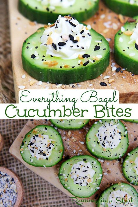 Everything Bagel Cucumber Bites recipe - The Best Cucumber with Everything Bagel Seasoning. The perfect healthy cucumber snack with cream cheese, greek yogurt and Everything But the Bagel Seasoning. Healthy, vegetarian, low carb, low cal, gluten free and keto snack. Also great for simple and easy appetizers or finger food. / Running in a Skirt #glutenfree #keto #healthy #lowcarb #lowcal #appetizer #snack Snack With Cream Cheese, Everything Bagel Cucumber, Bagel Cucumber, Cucumber Snack, Cucumber Snacks, Healthy Appetizers Easy, Everything But The Bagel Seasoning, Everything But The Bagel, Everything Bagel Seasoning