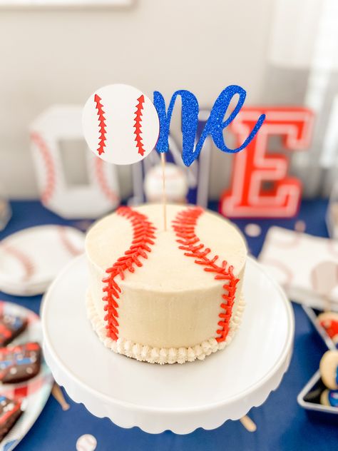 ‘One’ birthday cake Birthday Cake Baseball Theme, 1st Birthday Baseball Smash Cake, Rookie Of The Year Cake Topper, Cake Smash Baseball Theme, Baseball 1st Birthday Cake, Rookie Year Birthday Cake, Rookie Year First Birthday Cake, Baseball Smash Cake One Year Old, Rookie Year Cake