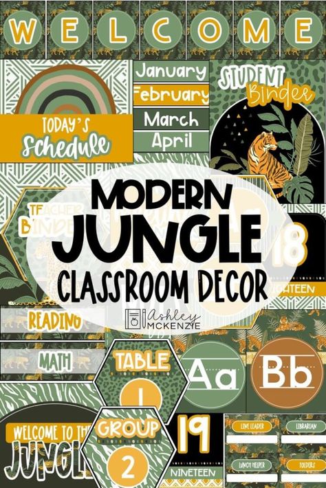 Modern Jungle Printable Classroom Decor Modern Jungle Classroom, Jungle Classroom Decor, Jungle Theme Classroom Decorations, Safari Theme Classroom, Preschool Jungle, Jungle Classroom, Ashley Mckenzie, Themed Classroom Decor, Jungle Theme Classroom