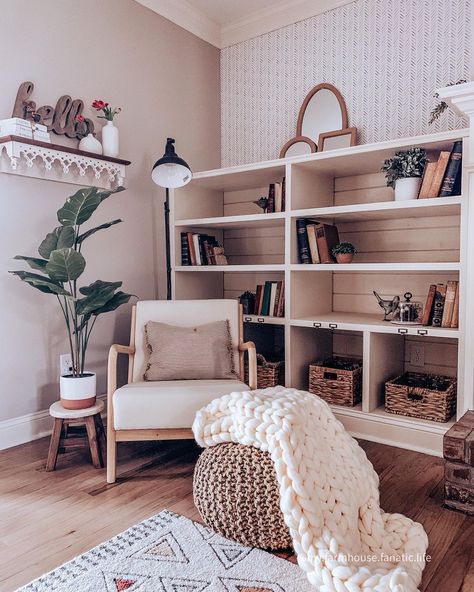 Living Room Mezzanine, Brick Wallpaper Accent Wall, Living Room Drawers, Some Wallpaper, Tan Wallpaper, White Mantel, Cozy Afternoon, Wallpaper For Living Room, Living Room Wallpaper