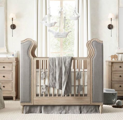 Tufted crib from RH Baby & Child Tufted Crib, Upholstered Crib, Luxury Baby Crib, Best Baby Cribs, Luxury Nursery, Restoration Hardware Baby, Upscale Furniture, Rh Baby, Boys Bedding