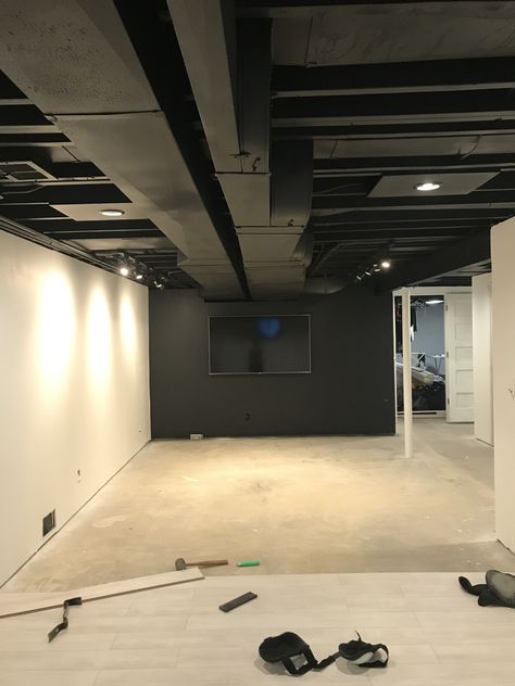 Black Basement Ceiling, Unfinished Basement Ceiling, Exposed Basement Ceiling, Basement Ceiling Painted, Cheap Basement Remodel, Diy Finish Basement, Industrial Basement, Open Basement, Exposed Ceilings