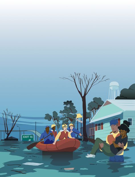 Rescue during Hurricane Katrina floods #hurricane #extremeweather #illustration Natural Disasters Illustration, Poster Bencana Alam Banjir, Water Flood Drawing, Natural Disasters Poster, Flood Infographics, Floods Drawing, Poster Bencana, Rescue Illustration, Natural Disasters Floods