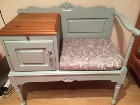 Upcycled shabby chic telephone table with cushion- made by Jaycee furniture, refurbed by me! This lovely telephone table is painted a lovely light grey/blue colour and the cushion has been covered with a beautiful woodland fabric, although this is removeable and I have included the original cushion cover in the cupboard. A beautiful item of furniture, I wish I had the space to keep it- this is my first project of this kind and I was planning to keep it originally but won't have space when I mo Telephone Seat Upcycle, Upcycled Telephone Table, Jaycee Furniture, Gossip Benches, Telephone Chair, Vintage Telephone Table, Telephone Bench, Telephone Seat, Gossip Bench