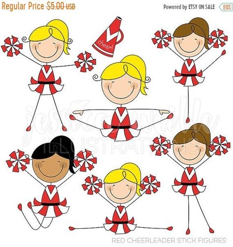 This cute *RED* cheerleader stick figure clipart set comes with 9 graphics including: 7 stick figure cheerleaders in red, a megaphone and a pom pom. Graphics are created in vector image software and are saved at High Quality 300 dpi Resolution. Image Size: -Graphics will be 7 inches Cartoon Cheerleader, Kids Notes, Watercolor Art Journal, Cartoon People, Stick Figure, Red A, Gift Tags Printable, Stick Figures, Printable Gift