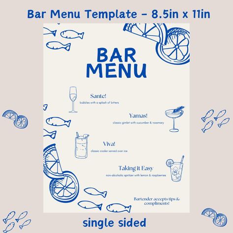 One way I LOVE to enhance a party is to create a custom bar menu! With or without a bartender, this is a great way to customize your event, come up with some clever names that help tell your story or go with the theme of the event. It's just a fun, elevated touch that shows guests how much thought you put into this event! For this design, I was inspired by Mediterranean foods and colors, matched with a simple, clean, rustic design. It feels playful, yet the idea of a custom menu card always feel Beach Menu Design, Mediterranean Dinner Party, Blue Party Decor, Wine List Menu, Mediterranean Dinner, Bar Menu Template, Mediterranean Foods, Greek Wine, Custom Menu