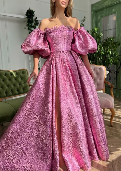 Brocade Prom Dress, Barbie Dress Women, Prom Dresses With Puffy Sleeves, Puffy Dresses Ball Gowns, Beads Design On Dress, Barbie Dress For Women, Prom Dress With Puffy Sleeves, Teuta Matoshi Gown, Bday Outfit Ideas