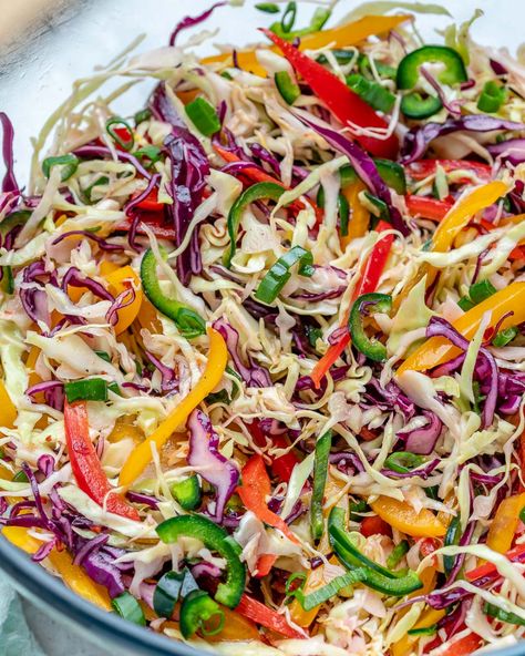 Sweet + Spicy Rainbow Slaw | Clean Food Crush Supper Salads, Cfc Recipes, Thm Salads, Rainbow Slaw, Cleanfoodcrush Recipes, Barbeque Sides, Slaw Dressing, Clean Food Crush, Slaw Recipes