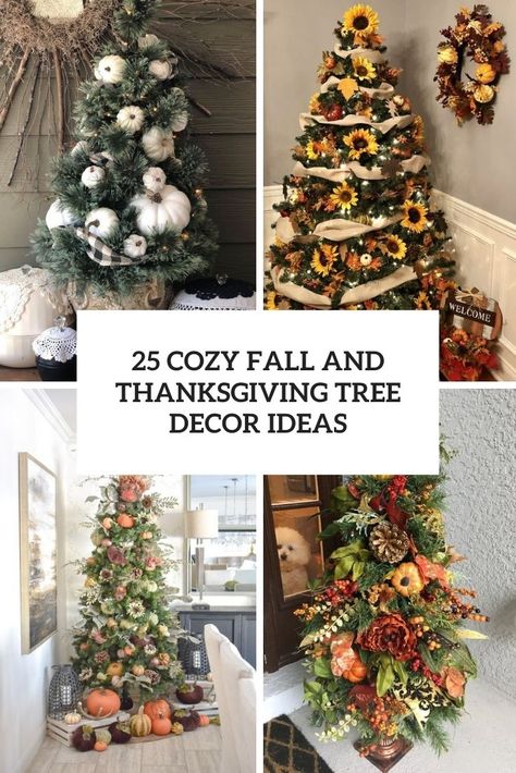 cozy fall and thanksgiving tree decor ideas cover Fall Tree Decorations, Diy Centrepieces, Fall Christmas Tree, Seasonal Decor Fall, Tree Decor Ideas, Thanksgiving Tree, Tree Decorating Ideas, Fall And Thanksgiving, Fall Tree