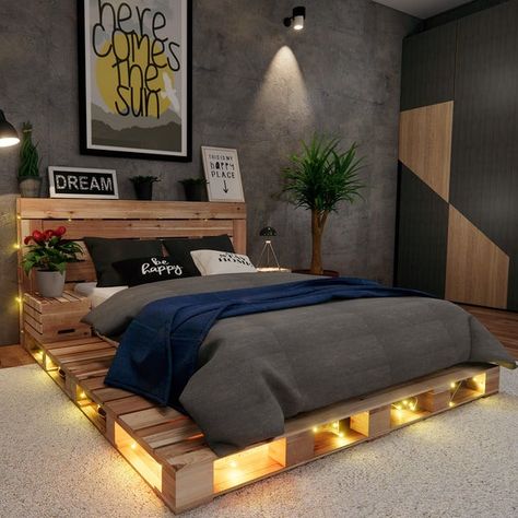 Japanese Beds, Pallet Bedroom, Bed With Lights, Pallet Bed With Lights, Pallet Room, Pallet Bed Frame, Diy Pallet Bed, Desain Lanskap, Pallet Bed