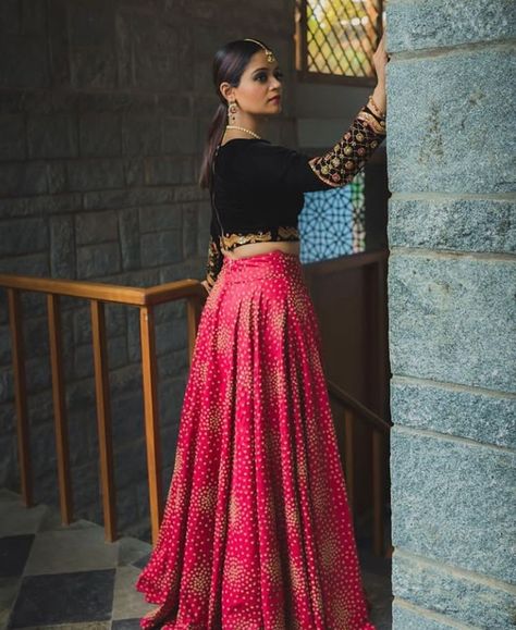 Beautiful Silk Lehenga with black velvet blouse. Embellished with hand embroidery work. Black Velvet Blouse Designs For Lehenga, Velvet Skirt And Top, Black Velvet Blouse Design, Velvet Blouse Design, Long Skirt Top Designs, Velvet Outfits, Langa Blouse, Function Dress, Lehenga Top