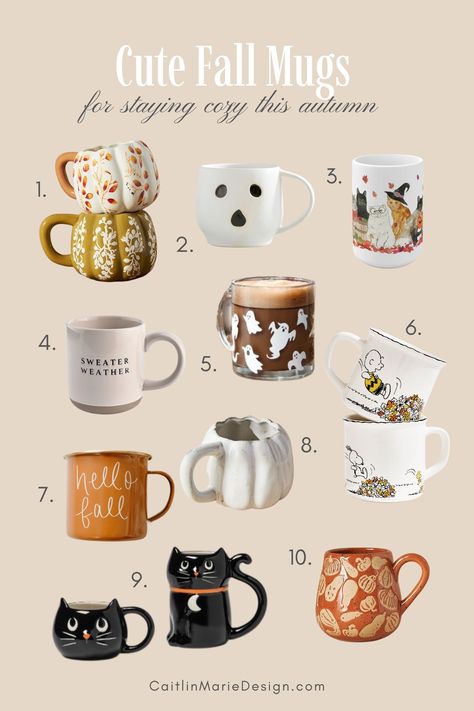 cute fall mugs for staying cozy this autumn, fall mug roundup, pumpkin mug, ghost mug, sweater weather mug, halloween mug, spooky season mug, black cat mug, fall coffee mug Autumnal Mug, Pumpkin Mugs Ceramic, Autumn Coffee Mugs, Autumn Mug Aesthetic, Fall Mugs Aesthetic, Cute Fall Mugs, Autumn Gift Ideas, Fall Mug Ideas, Fall Mug Painting Ideas