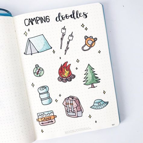 Camping doodles! 🏕 I hope this helps you and give you some ideas 🥰 im probably going to use this as my August theme ✨ As you can see, I… Camping Doodles, August Themes, Camping Journal, Summer Journal, Bujo Doodles, Creating A Bullet Journal, Bullet Journal Aesthetic, Dot Journals, Bullet Journal Themes