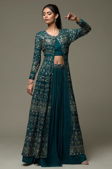 Buy Peacock Green Crepe Sequins Embroidered Jacket Lehenga Online | Samyakk Indo Western Outfits For Women, Jacket Lehenga, Long Jackets For Women, Function Dresses, Western Dresses For Women, Simple Lehenga, Trendy Outfits Indian, Lehenga Designs Simple, Simple Gowns