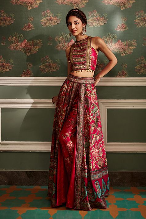 Shop for Kalista Fuchsia Viscose Silk Scarlett Printed Overlay Lehenga Palazzo Set for Women Online at Aza Fashions Palazzo Skirt, Mehendi Outfit, Royal Indian, Navratri Dress, Newspaper Art, Indian Dresses Traditional, Palazzo Set, Wrap Around Skirt, Indian Dress