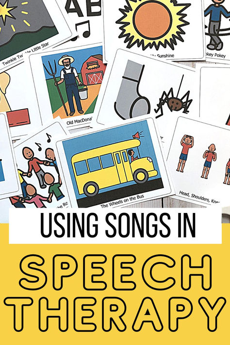 Picture of preschool song choice cards and text says using songs in speech therapy Special Education Speech Therapy, Speech Cards Free Printable, Speech Group Therapy Activities, Outer Space Speech Therapy Activities, Free Speech Therapy Activities, Speech Therapy For Toddlers, Speech Therapy Free, Adaptive Books, Speech Therapy Apps