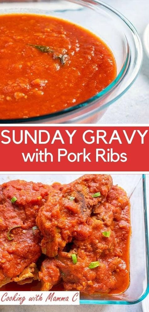 Italian Sauce Recipes Sunday Gravy, Country Style Pork Ribs With Tomato Sauce, Pork Red Sauce, Pork Spaghetti Sauce, Italian Pork Ribs Recipe, Pork Ribs In Tomato Sauce, Italian Meat Sauce Sunday Gravy, Authentic Italian Meat Sauce, Sunday Gravy Authentic