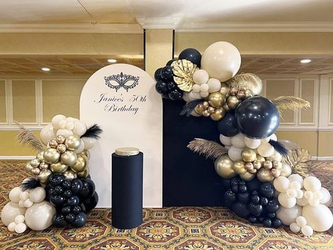 Masquerade Party Balloon Decorations, Masquerade Balloon Backdrop, Masked Ball Party Masquerade Theme, Masquerade Balloon Garland, Masquerade Ball Decorations Backdrops, Mascarade Prom Decorations, Photobooth Masquerade, Mask Party Decoration, Masquerade 50th Birthday Party Ideas