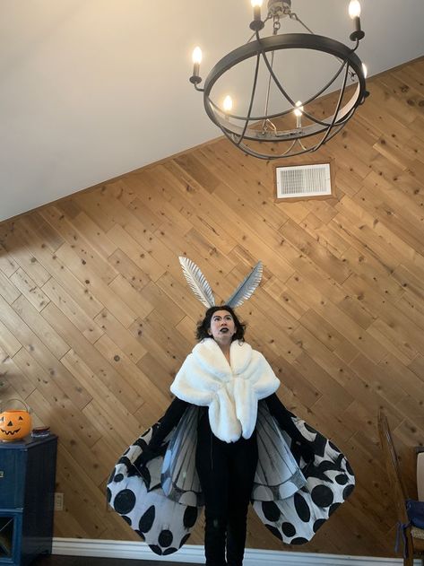 Make a moth costume out of cardboard. Check out my youtube video for the tutorial. Moth Costume Diy, Moth Wings Costume, Wings Costume Diy, Lamp Costume, Fly Costume, Moth Costume, Ren Faire Costume, Moth Wings, Couples Halloween Outfits