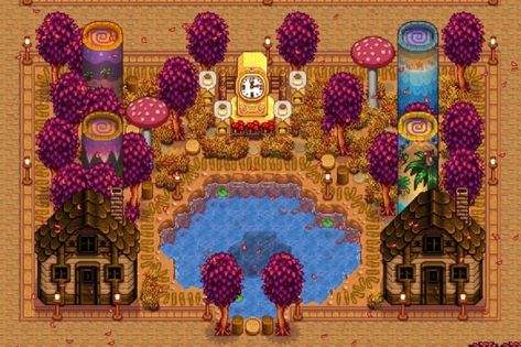 Golden Clock Stardew Valley, Stardew Valley Golden Clock Design, Strawdew Valley, Stardew Layout, Stardew Ideas, Stardew Farm, Golden Clock, Stardew Farms, Stardew Valley Layout