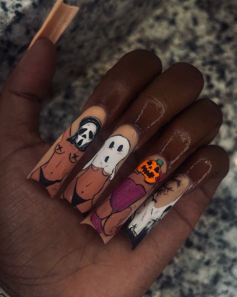 It’s the boo season 👻�🎃. #nailart #cltnails #kreativnailsupply #bookstagram #contractor #scnailtech #ncnailtech #barber #bollywood #southcarolinanailtech #nailartist #halloween #naildesign Halloween Matching Couple Nails, Halloween Patchwork Nails, Saw Nails Halloween, Red Aspen Halloween Nails, Halloween Naildesign, Halloween Kaws Nails, Saw Nails, Halloween Patch Nails, Halloween Matching