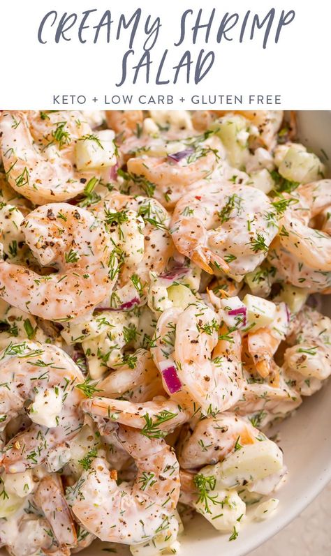 This creamy shrimp salad is packed with delicious, bright flavors. This recipe combines tender cooked shrimp with creamy mayonnaise, fresh dill and red onion, crunchy cucumber, and salty feta for a shrimp salad we just can't get enough of! #seafood #shrimp #easy #keto #glutenfree Shrimp Recipes Creamy, Salad Shrimp Recipes, Shrimp Recipes Keto, Creamy Shrimp Salad, Salad Shrimp, Creamy Salad, Salad Keto, Flavorful Shrimp, Seafood Shrimp