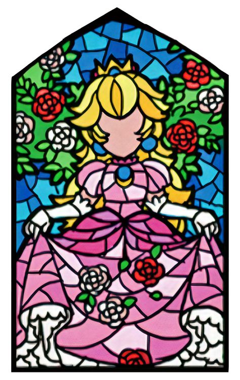 Mario Stained Glass Art, Princess Peach Stained Glass Window, Mario Nails, Game Mario Bros, Super Mario Bros Birthday Party, Super Mario Princess, Peach Mario, Mario Fan Art, Princesa Peach