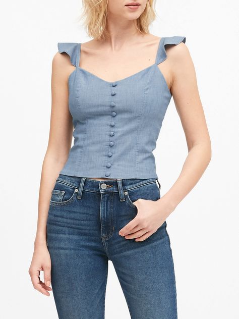 Chambray Fabric, High Rise Style, Diy Upcycle, Prairie Style, Tanktop Girl, Slim Fit Top, Empower Women, Romantic Look, Flutter Sleeve Top