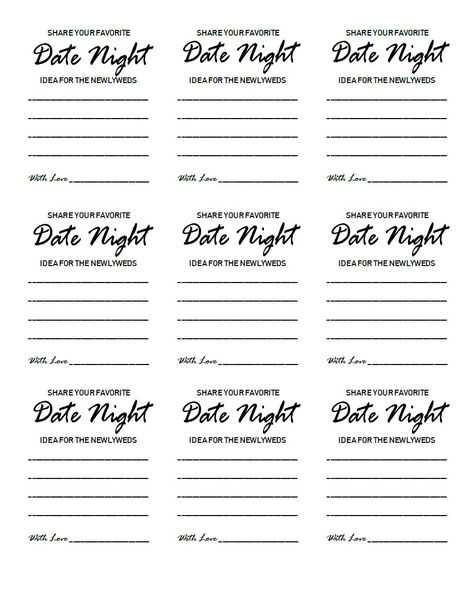 Date Night Ideas Printable Template for an easy Bridal Shower activity! Print and cut these templates for your guests to write in their best date night suggestion for the newlyweds! Free Printable Date Night Cards, Bridal Shower Activity, Wedding Jars, Date Night Jar, Bridal Shower Activities, Date Night Ideas, Good Dates, Night Ideas, Binders