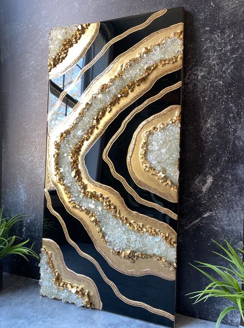 Artwork can be custom-made in any color to compliment your space. Black And Gold Geode Resin Art, Resin Geode Art Tutorial, Black Resin Art, Geode Art Print, Epoxy Wall Art, Diy Resin Wall Art, Black And Gold Wall Art, Black And Gold Wall, Resin Paintings