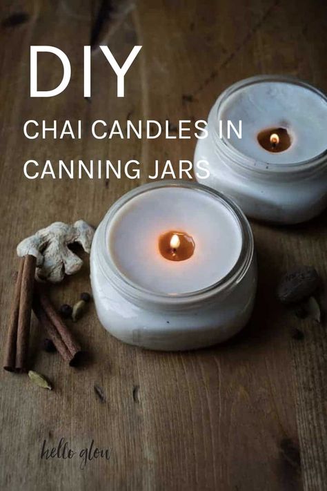 DIY Pretty Chai Candles in Canning Jars Diy Wood Wick Candles, Diy Cinnamon Candle, Diy Candle Containers, Cinnamon Candles, Diy Wooden Candle, Reuse Containers, Cinnamon Candle, Candle Luminaries, Wooden Wick Candles