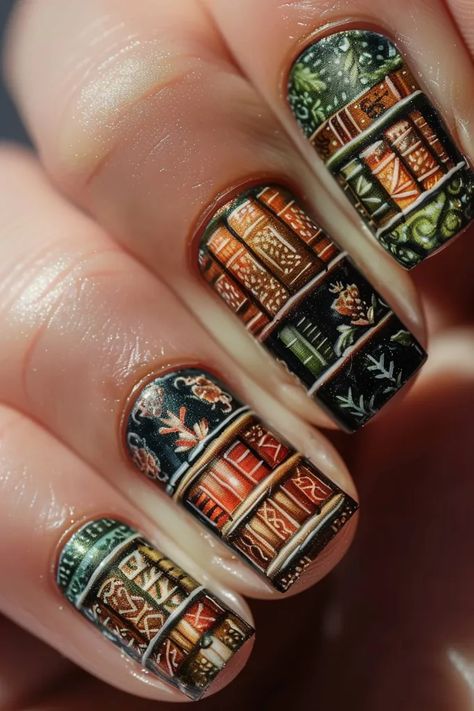 The image shows a hand with a book-themed nail art design. The nails are painted with an image of a library, complete with bookshelves, books, and even a librarian ->> more details in ai-img-gen.com Book Theme Nails, Bookish Nails Book Lovers, Book Themed Nails, Library Nails, Book Nails Designs, Book Inspired Nails, Bookish Nails, Steampunk Nails, Book Nail Art