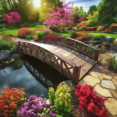 These gracefully arched wood garden bridges blend into any landscape theme, highlighting your water features and rock gardens, adding a spirit-nurturing aspect to your garden. With durable construction of custom quality at DIY prices. A solid finish is highly recommended; the colour may turn lighter over time. | Sams Gazebos Swan Garden Bridge w/ Cross Halved Lattice Railing 16.0 x 71.0 x 35.5 in | GAZS1016 | Wayfair Canada Garden Bridge Design, Outdoor Bridges, Garden Bridges, Spring Garden Flowers, Wood Garden, Staining Deck, Rock Gardens, Japanese Garden Design, Bridge Design