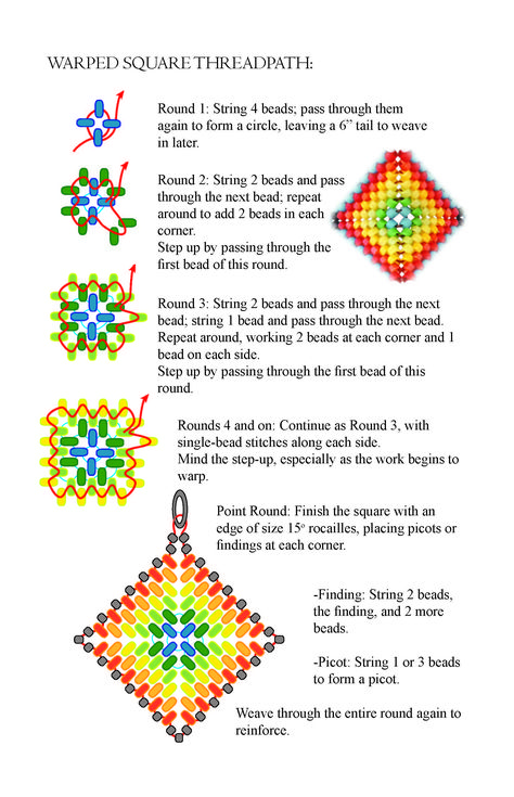 Size 15 Seed Bead Patterns, Warped Square Pattern, Beaded Warped Squares, Seed Bead Granny Square, Seed Beading Tutorials, How To Seed Bead Bracelet, Geometric Beading Patterns, Seed Bead Stitches, Free Seed Bead Patterns Tutorials