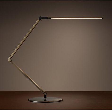 Z-Bar LED Task Table Lamp - $495 This razor sharp lamp from Restoration Hardware has a barely-there profile that will cut a modern look when it sets atop a clean desktop. An adjustable LED head means you can move it and control the light to go just where you want it Office Desk Designs, Clean Desk, Table Lamp Office, Lake Austin, Modern Desk Lamp, Table Lighting, Task Lamp, Functional Desk, Bar Led